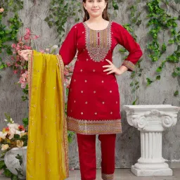 Aarika Kids Pink & Yellow Embroidered Kurti, Pants with Dupatta-image-32