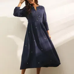 Fabindia Blue Cotton Regular Fit Embroidery Dress-picture-28
