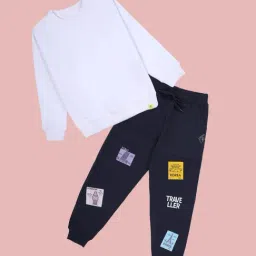 Kiddopanti Boys White and Navy Printed Sweatshirt with Trackpants-picture-13