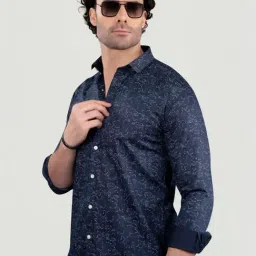 Almaty Navy Blue Cotton Slim Fit Printed Shirt-image-11