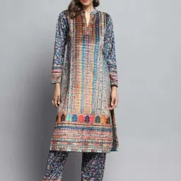 Monte Carlo Women's Teal Self Design Round Neck Full Sleeve Kurti Set with Bag-picture-12