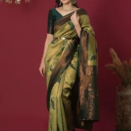 Satrani Green Silk Blend Woven Saree With Unstitched Blouse-picture-30