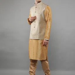 Manish Creations Woven Design Mandarin Collar Straight Kurta with Churidar & Nehru jacket image 3