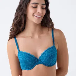 Wunderlove by Westside Teal Floral Lace Underwired Cotton-Blend Bra-picture-11