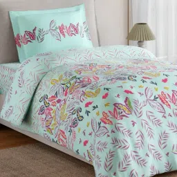 Spaces Light Blue Cotton Floral 144 TC Single Bedsheet with 1 Pillow Cover image 2