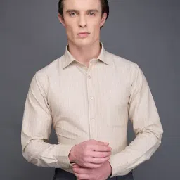 Daniel Hechter Beige Cotton Blend Slim Fit Stripes Formal Shirt-picture-36