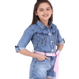 Cutecumber Kids Blue Washed Playsuit with Belt image 3