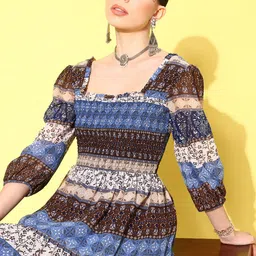 Nayam By Lakshita Ethnic Motifs Print Puff Sleeves Chiffon Fit & Flare Midi Dress image 3