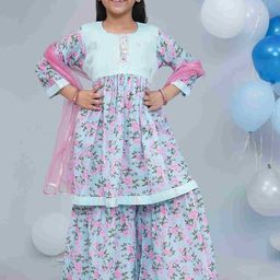 Little Bansi Girls Floral Printed Cotton A-Line Kurta with Sharara & Dupatta-picture-8