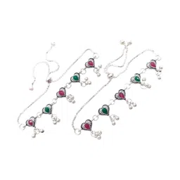 Lovemi Movements Women Pack of 2 Pink & Green Traditional Silver-Plated Heart Anklets-picture-26