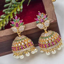 FIRST TOUCH Gold Plated AD Studded Dome Shaped Jhumkas Earrings-picture-11