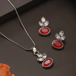 Saraf RS Jewellery Oxidised Silver Toned Ruby Red and White Stone Studded Jewellery Set-picture-10