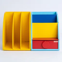 KIDOZ KIDOZ Wooden Desk Organiser with bookend for books and Pen/Pencil Stand Dinosaur Theme Storage Organiser with drawer for stationary Yellow image 1