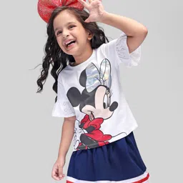 Babyhug Disney Cotton Knit Bell Sleeves Top & Mid Length Skirt Set With Minnie Mouse Graphics - White Black & Blue-picture-17