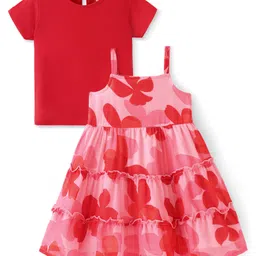 Babyhug Cotton Knit Half Sleeves Tiered Floral Printed Frock with Inner T-Shirt - Red-picture-26