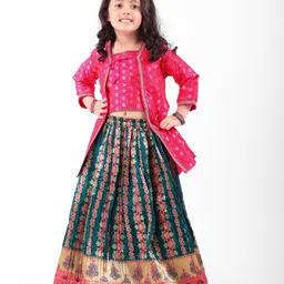 Babyhug Woven Three Fourth Sleeves Lehenga & Choli With Jacket Set and Lace Detailing- Green & Pink-image-50