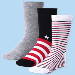 Cute Walk by Babyhug Cotton Lycra Knit Anti-bacterial Socks Solid Stars & Strips Design Pack of 3 - Grey Black & White-picture-22