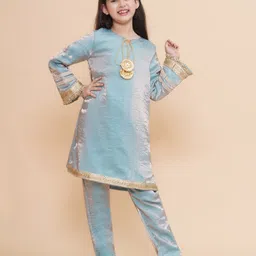 Piccolo Full Sleeves Lace Embellished Ombre Kurti With Coordinating Pant Set - Blue-picture-19