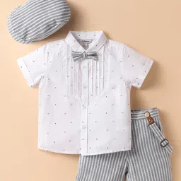 ToffyHouse Poplin Woven Half Sleeves Alphabet Printed Shirt & Shorts Set with Bow Hat & Suspender with Alphabet Print - Light Blue & White-picture-20