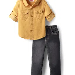 Babyhug Cotton Woven Full Sleeves Solid Shirt & Denim Jeans Set - Mustard & Blue-picture-28