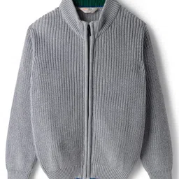 Primo Gino 100% Cotton Knit Full Sleeves Front Open High Neck Sweater with Cable Knit Design - Grey-picture-25