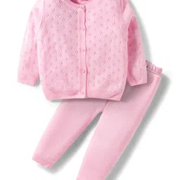 Babyhug Cotton Knit Full Sleeves Front Open Sweater Set - Pink-picture-12