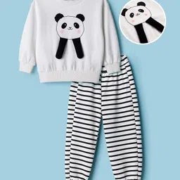 Mark & Mia Cotton Knit Full Sleeves Winter Wear T-Shirt & Joggers Set With Stripes & Animal Applique - Black & White-picture-36