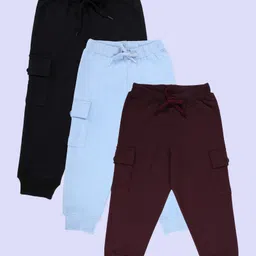 Kiddopanti Pack Of 3 Cotton Fleece Knit Solid Cargo Pocket Detailed Track Pants - Black Ink Blue & Wine-picture-30
