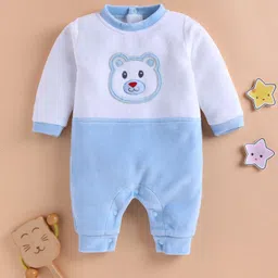 Wonderchild Full Sleeves Teddy Bear Face Embroidered Romper - White & Blue-picture-21
