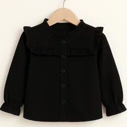Aww Hunnie Corduroy Woven Full Peasant Sleeves Frill Detailed Ribbed Top - Black-image-87