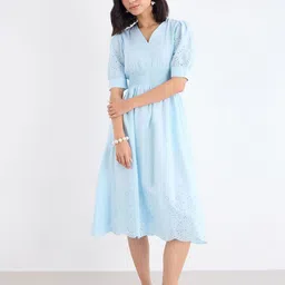 Styli Embroidered Puff Sleeve A-Line Midi Dress-image-5