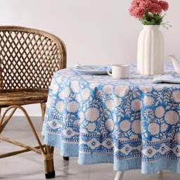 HANDICRAFT PALACE Blue & White Printed Cotton Round 8-Seater Table Cover With Napkin Set image 4