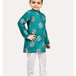 Superminis Full Sleeves Floral Printed Kurta Pyjama Set - Green image 4