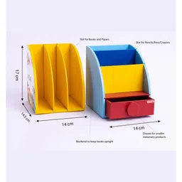 KIDOZ KIDOZ Wooden Desk Organiser with bookend for books and Pen/Pencil Stand Dinosaur Theme Storage Organiser with drawer for stationary Yellow image 3