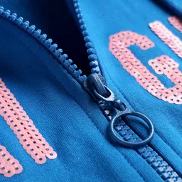 Pine Kids Cotton Knit Full Sleeves Hooded SweatJacket with Sequin Detailing - Blue image 3