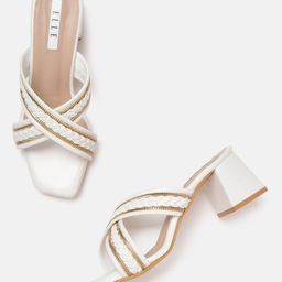 ELLE Women White & Gold-Toned Striped Woven Block Heels-picture-43