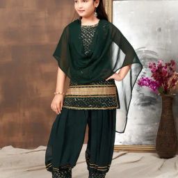 Aarika Kids Dark Green Embellished Kurti, Salwar, Dupatta with Unstitched Sleeves-picture-14
