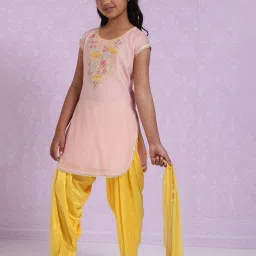 BIBA Girls Pink and Yellow Embroidered Kurta, Pajama and Dupatta image 4