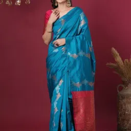 Satrani Blue Silk Blend Woven Saree With Unstitched Blouse-image-40
