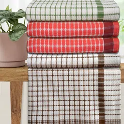 Athom Living Green & Red 5 Pieces Checked Cotton 210 GSM Bath Towels-image-83