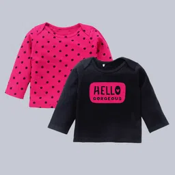 Kadam Baby Pack Of 2 Full Sleeves Polka Dot & Hello Gorgeous Printed Tee - Black & Pink-picture-25