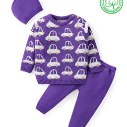 Babyhug Knit Full Sleeves Pullover Sweater Set with Cap & Car Design - Purple-image-83