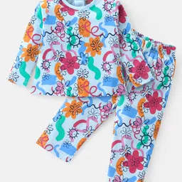 Babyhug Cotton Knit  Full Sleeves Night Suit with Floral Print - Blue-picture-17