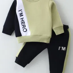 Pepito Fleece Knit Full Sleeves Winter Wear Set With Text Print & Cut & Sew Design - Olive Green & Black-picture-26