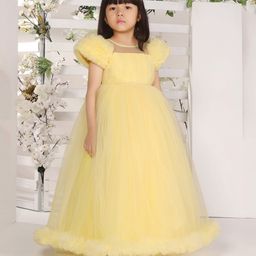Ministitch Net Balloon Sleeves Pleated Pearl Embellished Gown - Yellow-picture-16