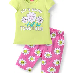 Babyhug Cotton Knit Half Sleeves Capri Nightsuit with Floral Print - Green & Pink-image-40