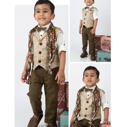 LITTLE COLLARS Linen Full Sleeves Checked 3 Piece Party Suit Set With Bow & Floral Printed Stole - Coffee-picture-15