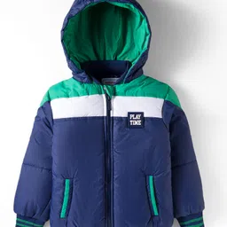 Babyhug Woven Full Sleeves Padded Hooded Jacket With Patch Detailing - Navy Blue-picture-16