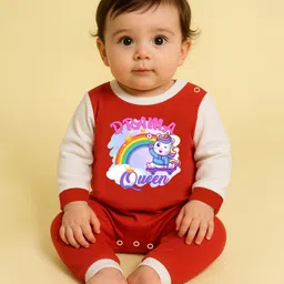 The Peppy Tend 100% Cotton Knit Full Sleeves Drama Queen Text & Baby Unicorn Printed Romper - Red & White-image-24