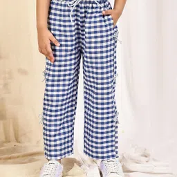 NEUDIS Cotton Blend Woven Gingham Checked Wide Legged Pants - Navy Blue & White-picture-14